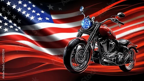 Patriotic Ride: A powerful cruiser motorcycle stands proudly against a backdrop of a dramatically waving American flag, symbolizing freedom, independence, and the spirit of the open road.