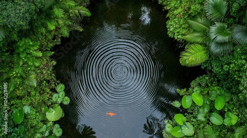 Aerial view Koi pond ripples, tropical foliage, calm scene, nature backdrop, zen garden