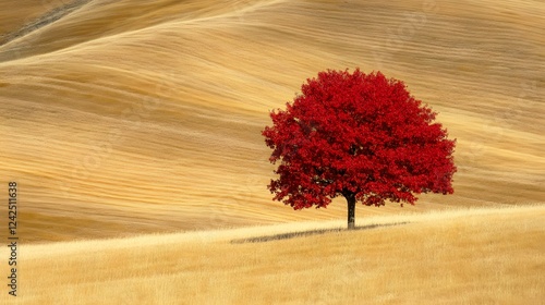 A lone tree with bright red leaves standing in a gold landscape