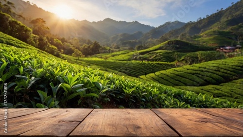wooden table board with tea garden background