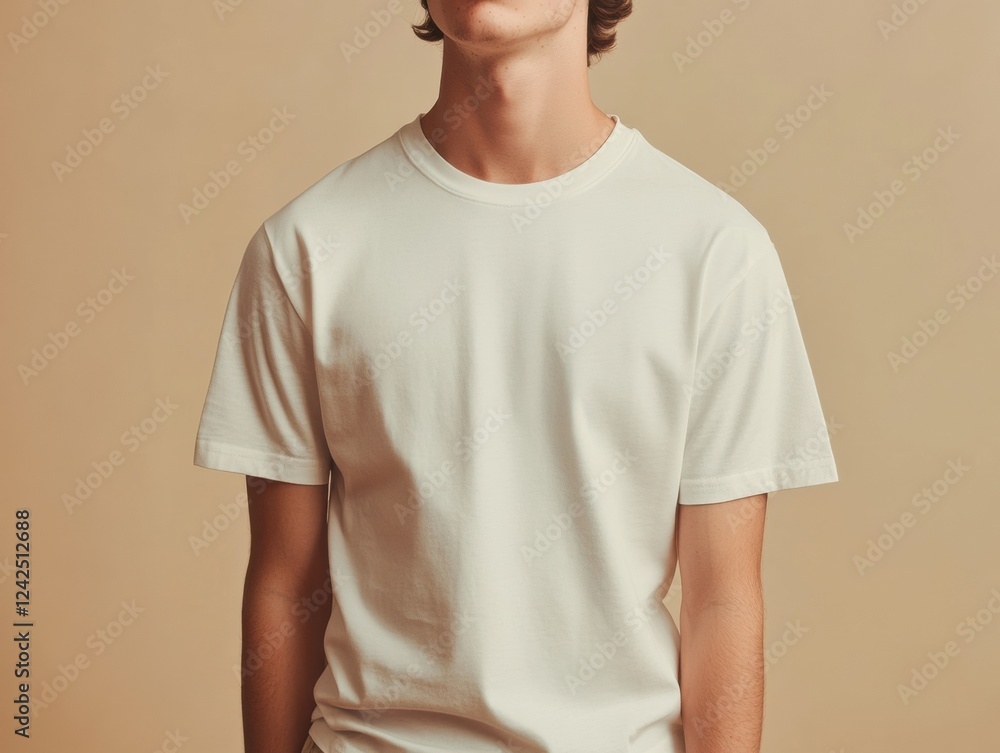 Person in Neutral T Shirt Casual Clothing Simple Design and Pose on Beige Backdrop Minimalistic Style