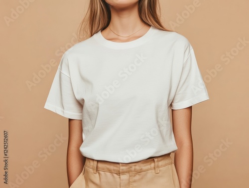 Person in a Plain White T Shirt Wearing Khaki Pants Against Beige Backdrop Presentation Image