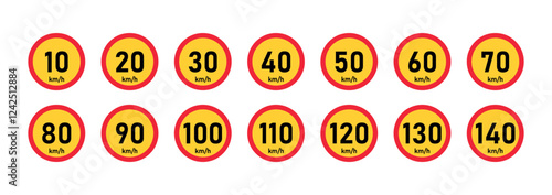 Maximum Speed Limit Signs Vector Set, Traffic Safety Design.