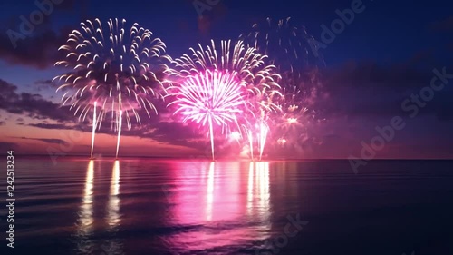 Fireworks over the Ocean: Vibrant fireworks explode over a calm ocean at twilight, their colorful reflections dancing on the water's surface, creating a magical and unforgettable spectacle.