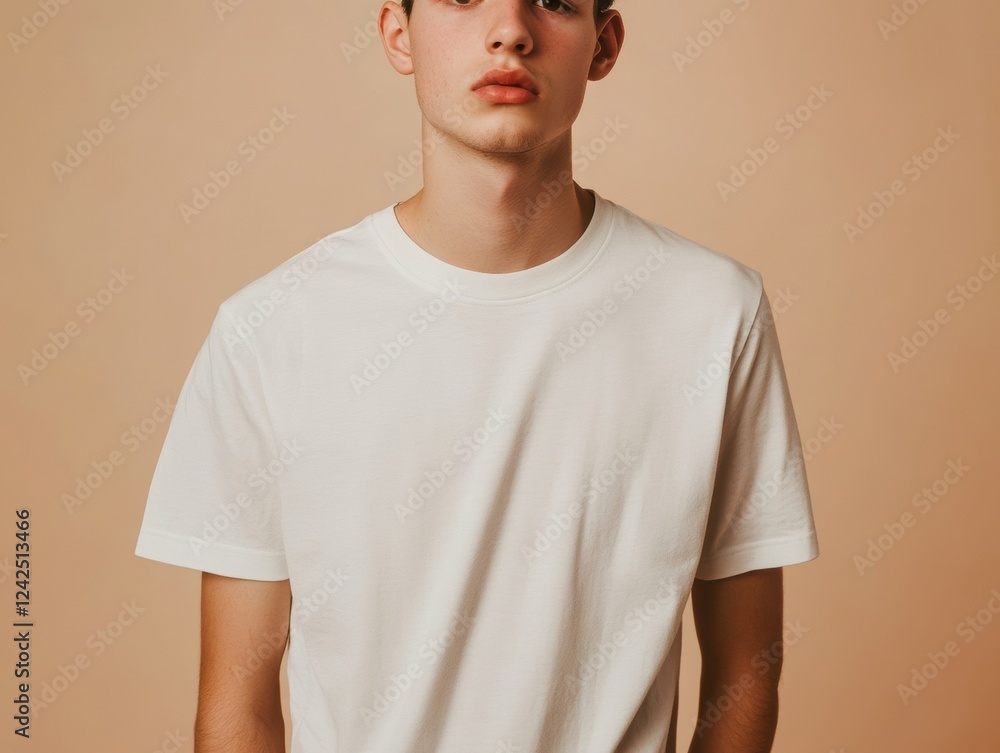 Portrait of a Young Man in a Plain White Tee Shirt Against a Neutral Colored Backdrop Indoors