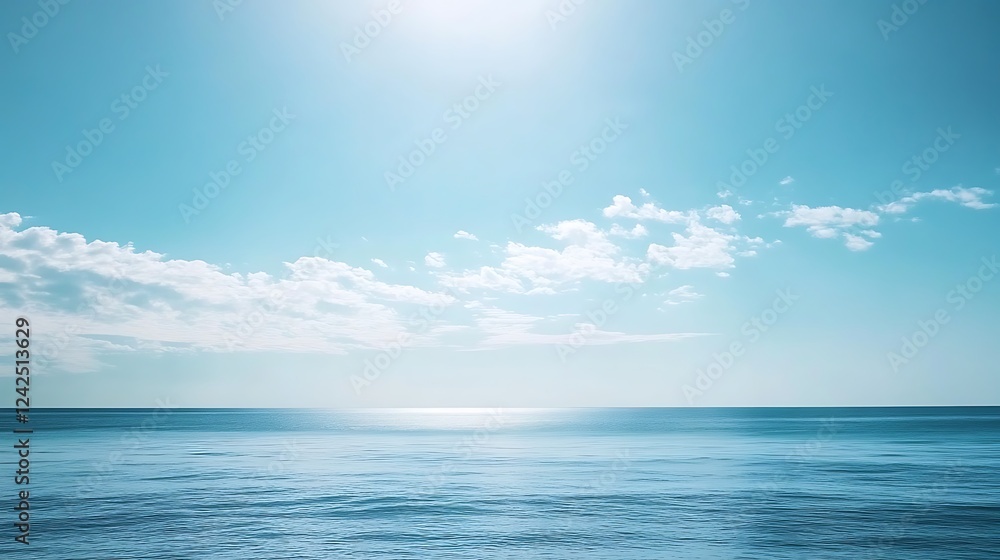 Serene Ocean Horizon with White Clouds Against a Blue Sky Serene Ocean Horizon with White Clouds Against a Blue Sky