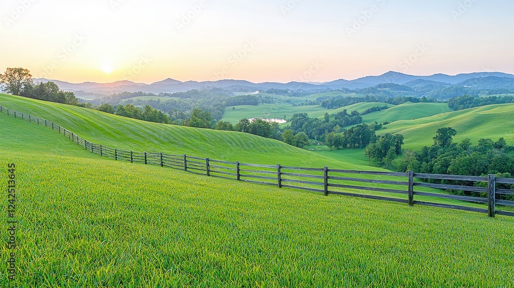 Sunrise over rolling green hills and fence. Peaceful rural landscape, idyllic farm scene, perfect for travel brochures Sunrise over rolling green hills and fence. Peaceful rural landscape, idyllic farm scene, perfect for travel brochures
