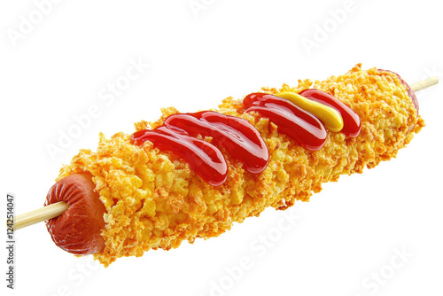 Crispy Breaded Corn Dog On Stick With Red Sauce And Mustard Isol