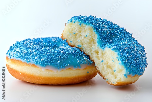 One colorful doughnut with blue sprinkles, cut in half and placed on a solid color background, as a product photography image