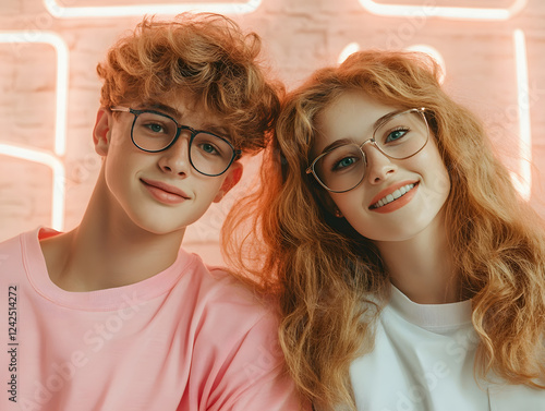 Young couple smiling together, wearing glasses, with curly hair and colorful outfits
