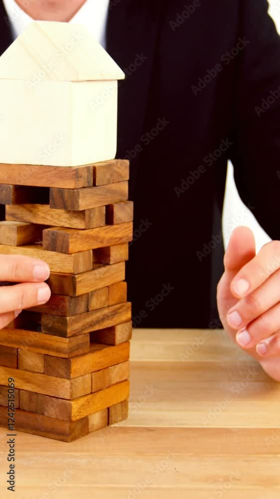 Businessman placing wooden block on a tower Businessman placing wooden block on a tower
