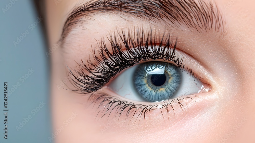 Fototapeta premium Stunning macro close up shot of naturally curled delicate eyelashes set against a soft luminous backdrop The image showcases the intricate beauty and feminine allure of the human eye