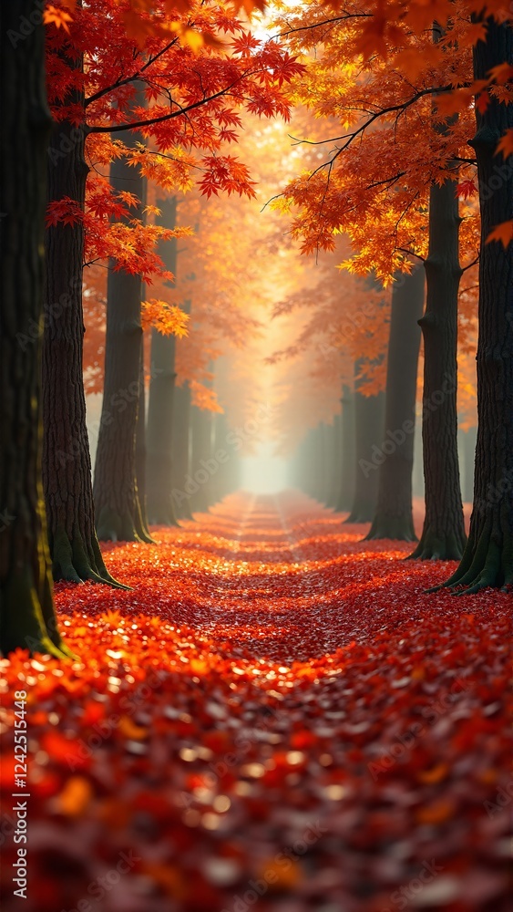 Fototapeta premium Enchanting autumn pathway with vibrant orange leaves in a sunlit forest