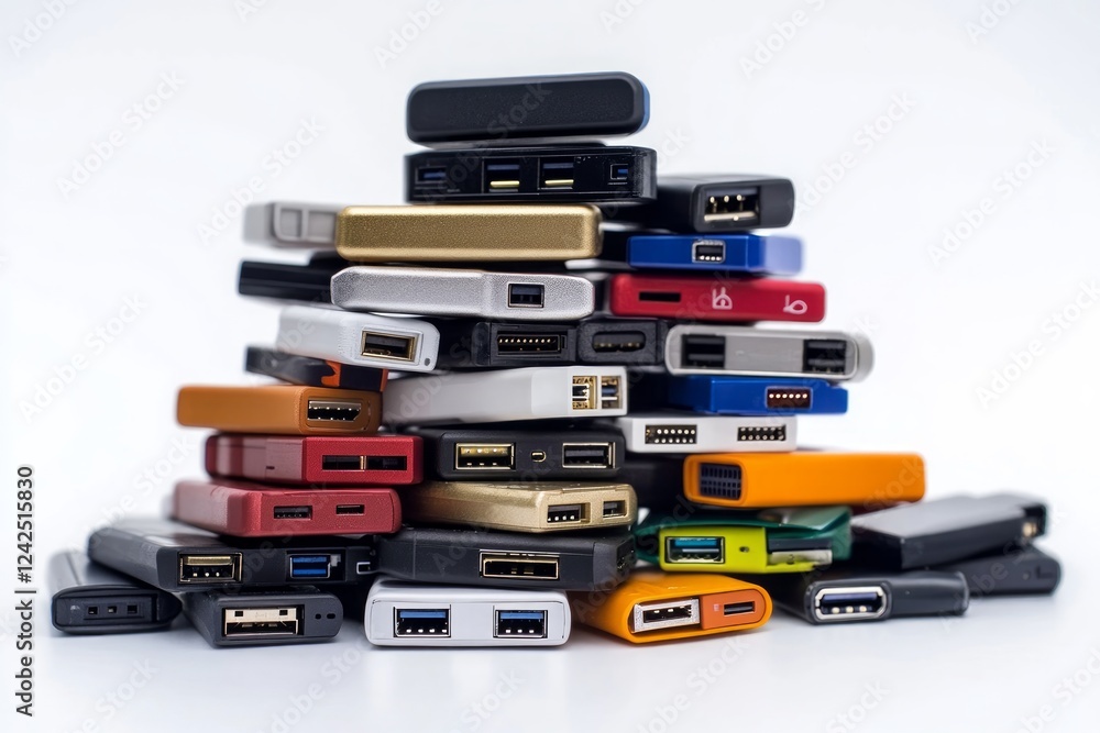 A Colorful Stack of Modern Tech Devices with Various Connections and Ports. A Collection of Innovative and Compact Gadgets. Explore the Latest in Digital Technology. A Colorful Stack of Modern Tech Devices with Various Connections and Ports. A Collection of Innovative and Compact Gadgets. Explore the Latest in Digital Technology.