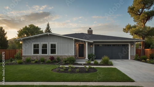 A charming gray ranch-style model house with clean lines, a simple roof, and a welcoming porch