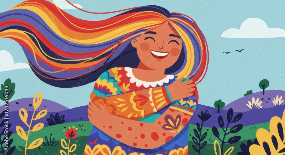 Joyful woman embracing nature with colorful hair and vibrant patterns Joyful woman embracing nature with colorful hair and vibrant patterns