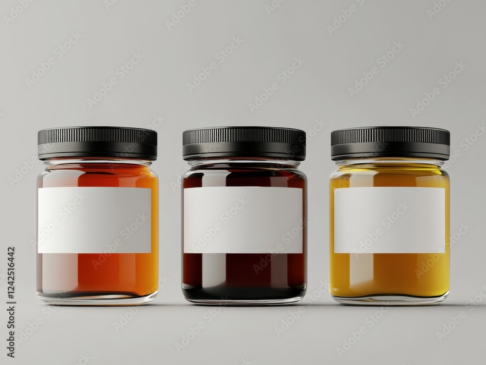 Three Jars of Honey with Blank Labels Mockup Displayed in a Row for Branding and Product Showcase