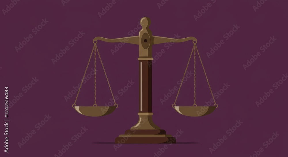 Elegant balance scale symbolizing justice on a deep purple background Elegant balance scale symbolizing justice on a deep purple background