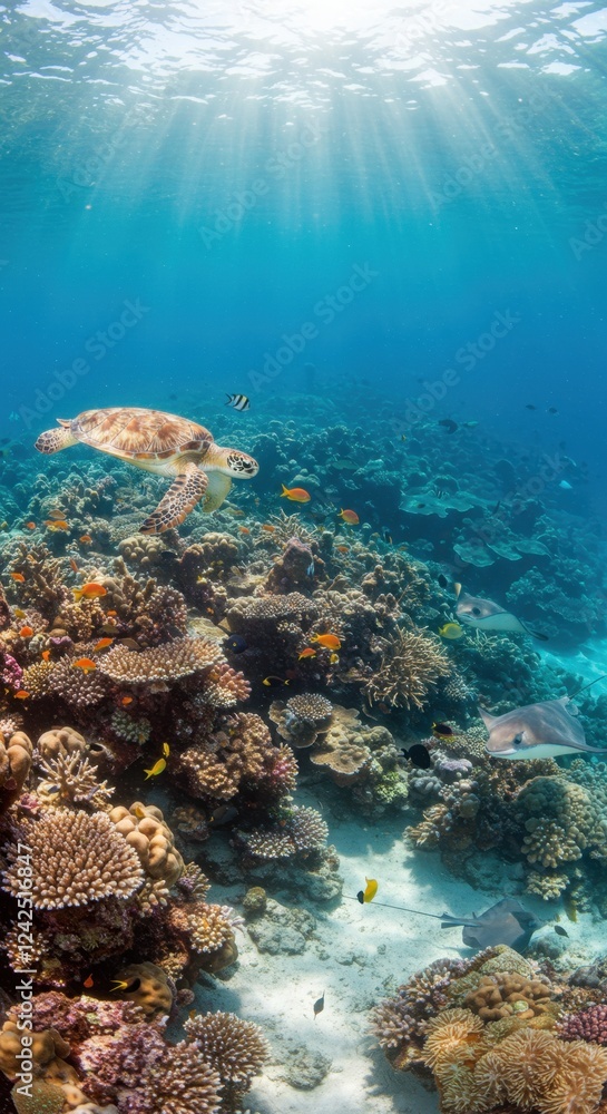 Fototapeta premium Stunning underwater scene with sea turtle and vibrant coral reef in sunlit ocean