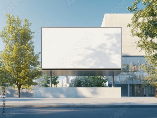Wallpaper Mural Urban Advertising Billboard Mockup with Modern Building Facade and Tree Foliage on Bright Day Torontodigital.ca