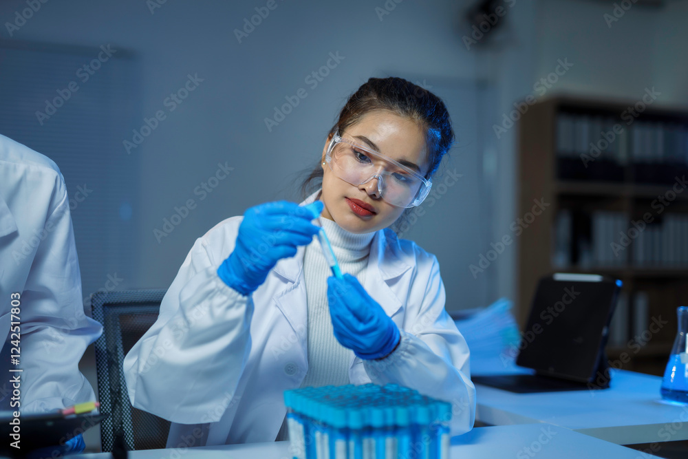 Scientist analyzing blue liquid in test tube working in modern laboratory Scientist analyzing blue liquid in test tube working in modern laboratory