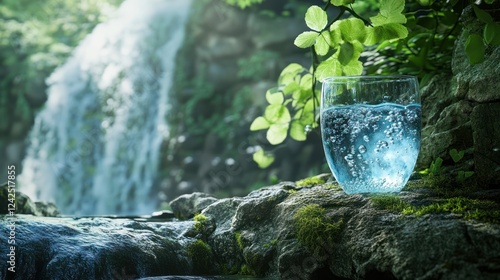 Pure water glass near waterfall, nature background, refreshing drink photo