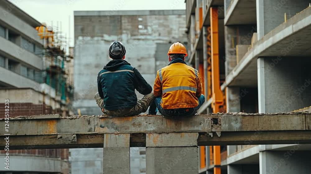 Construction Workers Break: Two construction workers, one in a safety helmet and high-visibility jacket, the other in casual wear. Construction Workers Break: Two construction workers, one in a safety helmet and high-visibility jacket, the other in casual wear.