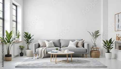 Modern minimalist living room interior design with gray sofa, plants, and a large blank wall for artwork or decoration