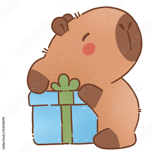 Cute capybara cartoon animal holding gift box, expressing joy and excitement