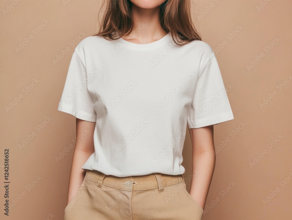 Obraz premium Woman in Plain White T Shirt and Tan Pants Standing Against a Neutral Colored Background Outfit