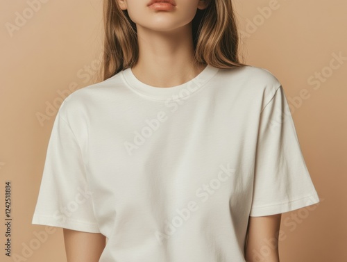 Woman Wearing Simple Light Cream Color Cotton T Shirt Outfit Presentation Casual Fashion Still Studio Shot