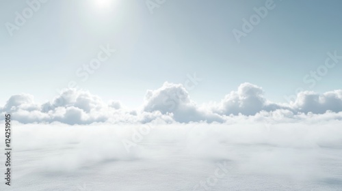 Expansive view of soft white clouds in a serene blue sky with vaporous fog covering a smooth surface, symbolizing cloud edge and fog computing concepts. photo