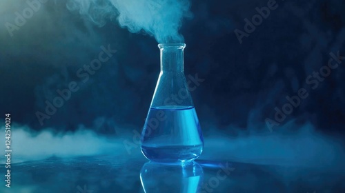 Blue chemical liquid experiment in laboratory flask with vapor in dark atmosphere showcasing scientific research in chemistry or biology field photo