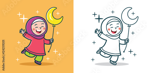 A cute Muslim little girl jumping with a crescent moon-shaped balloon for a design element or coloring book element