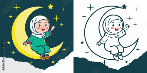 Canvas Print A little Muslim girl sits on a crescent moon for a design element or coloring bo