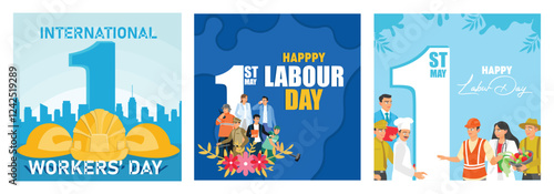International Workers Day celebrations featuring diverse professionals and symbols.
