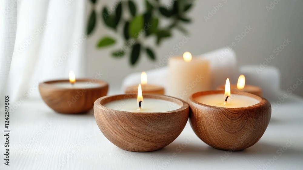 Calming Aromatic Candles in Wooden Bowls with Flickering Flames on Light Table Surrounded by Greenery for Wellness and Relaxation Atmosphere Calming Aromatic Candles in Wooden Bowls with Flickering Flames on Light Table Surrounded by Greenery for Wellness and Relaxation Atmosphere