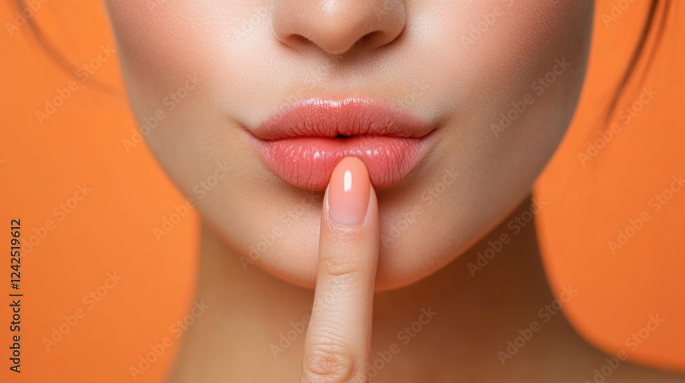 Obraz premium Young adult woman with glossy lips and manicured nails gently touching her lips with a finger on vibrant orange background, expressing silence and intimacy.