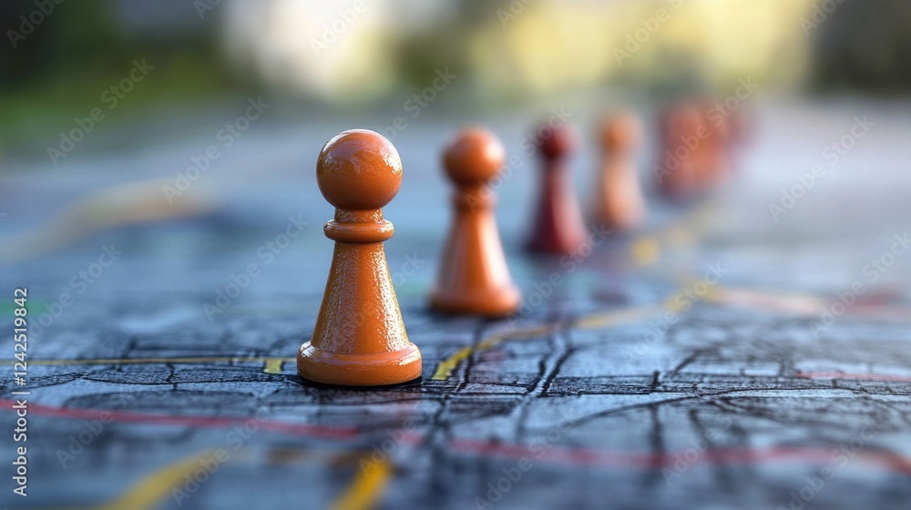 Orange game pieces on a detailed road map background symbolizing strategy vision direction and planning, showcasing depth and perspective in vibrant colors. Orange game pieces on a detailed road map background symbolizing strategy vision direction and planning, showcasing depth and perspective in vibrant colors.