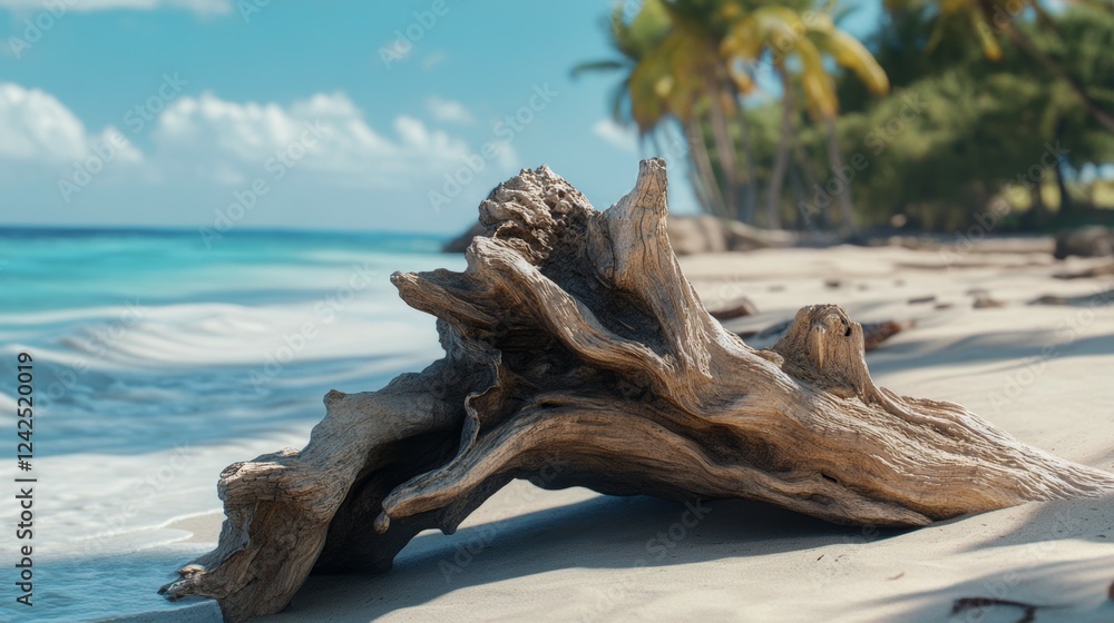 Tranquil Paradise: Driftwood Resting on a Pristine Tropical Beach with Palm Trees and Clear Blue Skies Tranquil Paradise: Driftwood Resting on a Pristine Tropical Beach with Palm Trees and Clear Blue Skies