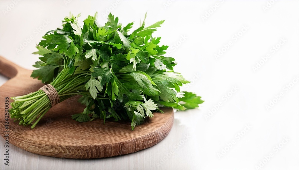 Bunch of fresh parsley. Bunch of fresh parsley isolated white on board with copy space Bunch of fresh parsley. Bunch of fresh parsley isolated white on board with copy space