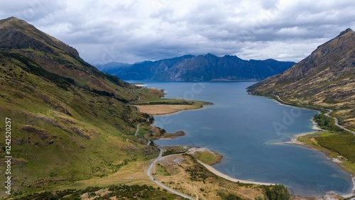 Aerial view of Lake Hawea and mountains. photo