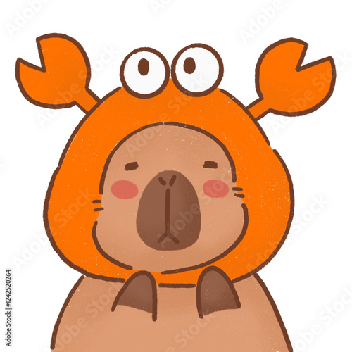 Cute capybara wearing orange crab hat, with big eyes and playful expression