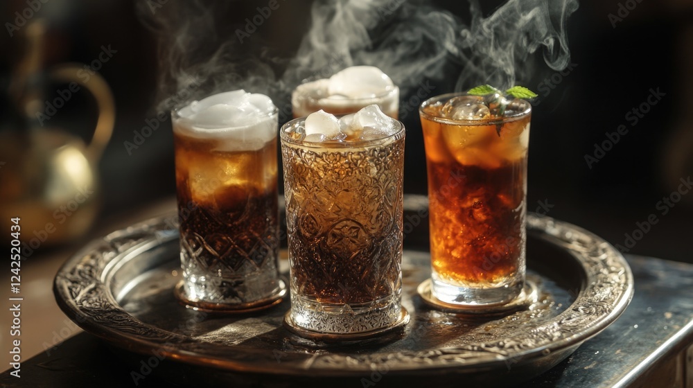 Refreshing Cold Beverages Display on Ornate Tray with Steam and Ice in Elegant Glassware in Cozy Cafe Setting Refreshing Cold Beverages Display on Ornate Tray with Steam and Ice in Elegant Glassware in Cozy Cafe Setting