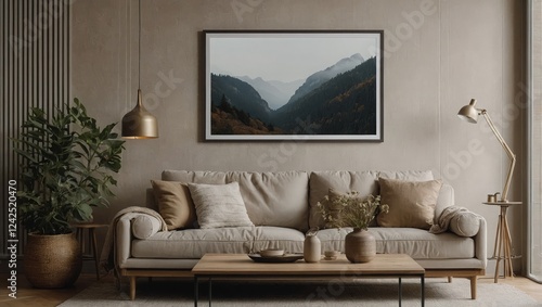 A clean ISO A-sized frame mockup hanging on a living room wall, with a cozy home interior background