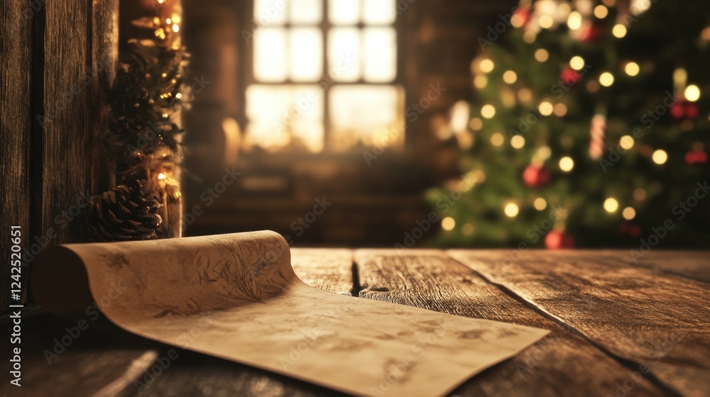 Cozy Christmas Scene Featuring a Blurred Green Christmas Tree with Colorful Ornaments Against a Rustic Wooden Wall and Table with Vintage Paper Scroll at Sunset Cozy Christmas Scene Featuring a Blurred Green Christmas Tree with Colorful Ornaments Against a Rustic Wooden Wall and Table with Vintage Paper Scroll at Sunset