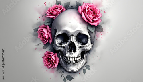 Stunning Skull with Pink Roses Art Print Gothic Floral Design photo