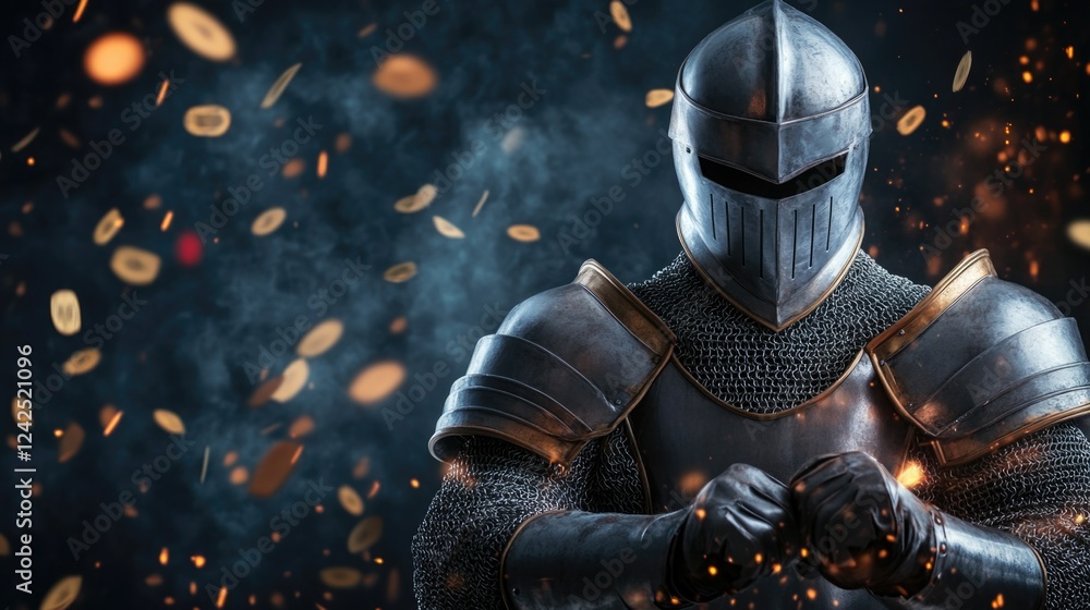 Fototapeta premium Businessman in medieval knight armor poised for battle amidst flying coins representing financial struggle and competition in a dramatic dark background.