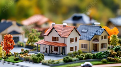 Colorful model houses in a suburban setting showcasing successful real estate investment with leafless trees and vibrant autumn backgrounds