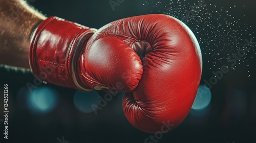 Close-up of a boxing glove in vibrant red color surrounded by dynamic motion dust particles in a gym setting with soft bokeh background lighting